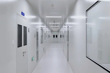 Medical facility corridor with cleanroom doors