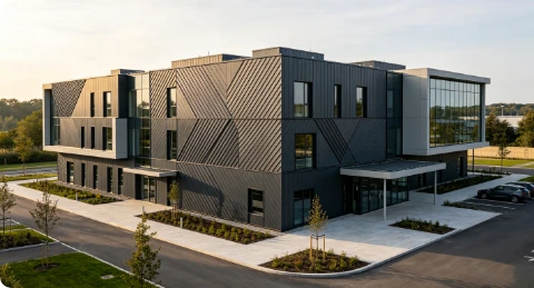 Dark gray modern building with slanted-groove metal siding