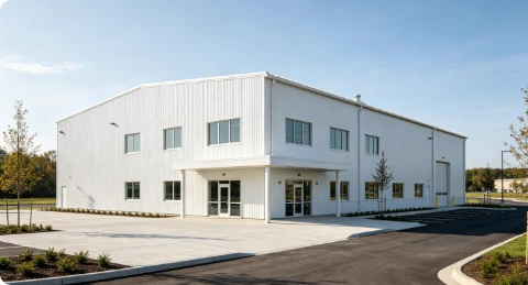 White modern building with corrugated metal siding