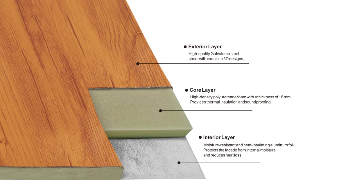 Panel construction: coated steel exterior, polyurethane foam core, and moisture-resistant interior layer